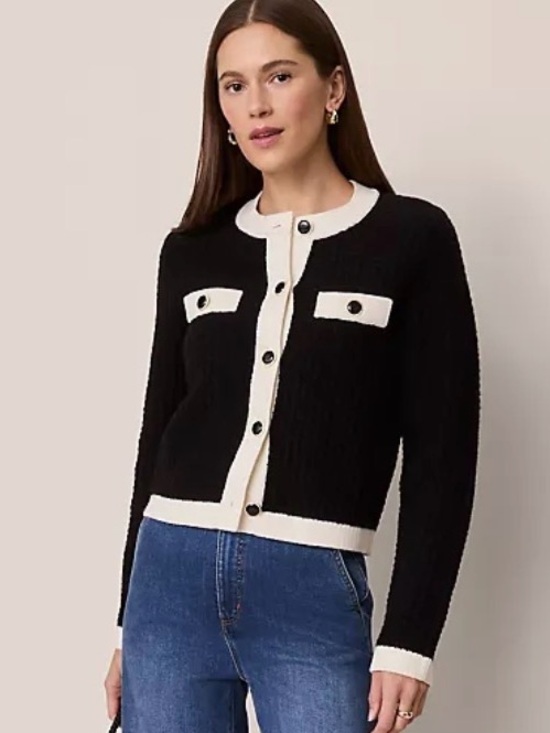 Ann Taylor Sweaters - Ann Taylor Black and Cream Contrast-Trim Button Sweater Jacket